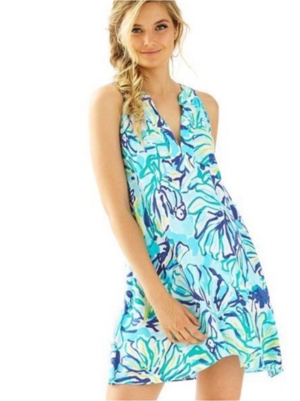 Lilly Pulitzer Turquoise Blue & Navy Floral Sleeveless Shift Dress